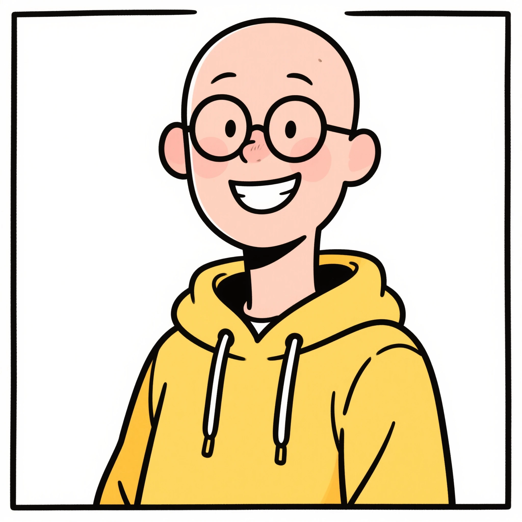 A cartoon ilustration of Erich, a white male man around 30's bald he uses glasses and wears a yellow jacket with a stripped t-shirt, smiling, happy to see you here.