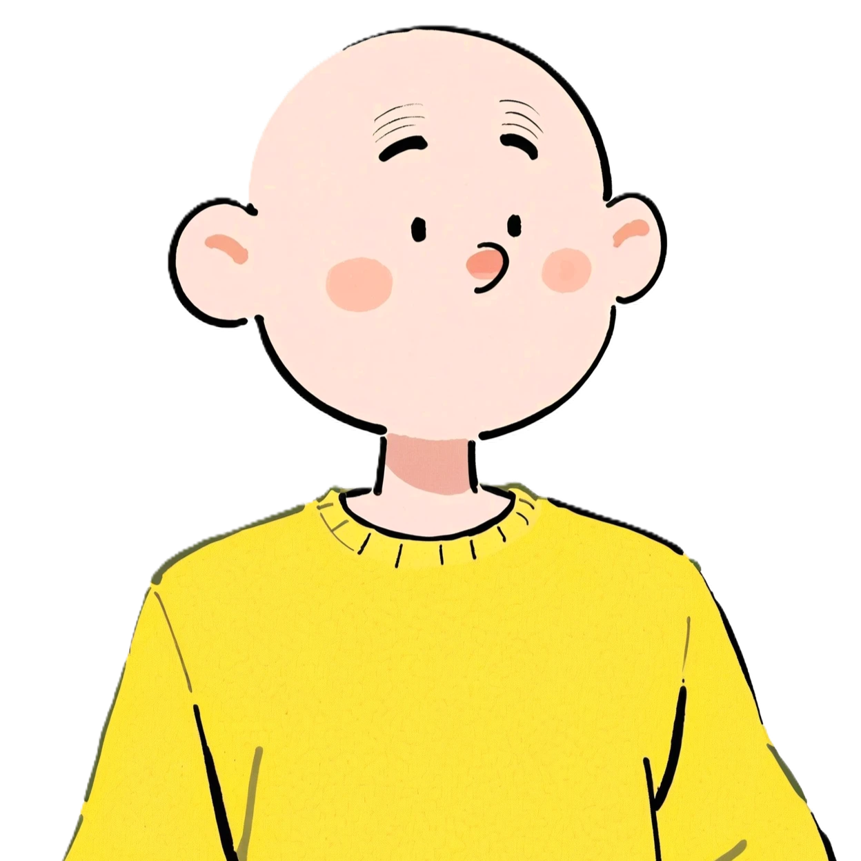 A cartoon ilustration of Erich, a white male man around 30's bald he uses glasses and wears a yellow jacket with a stripped t-shirt, smiling, happy to see you here.