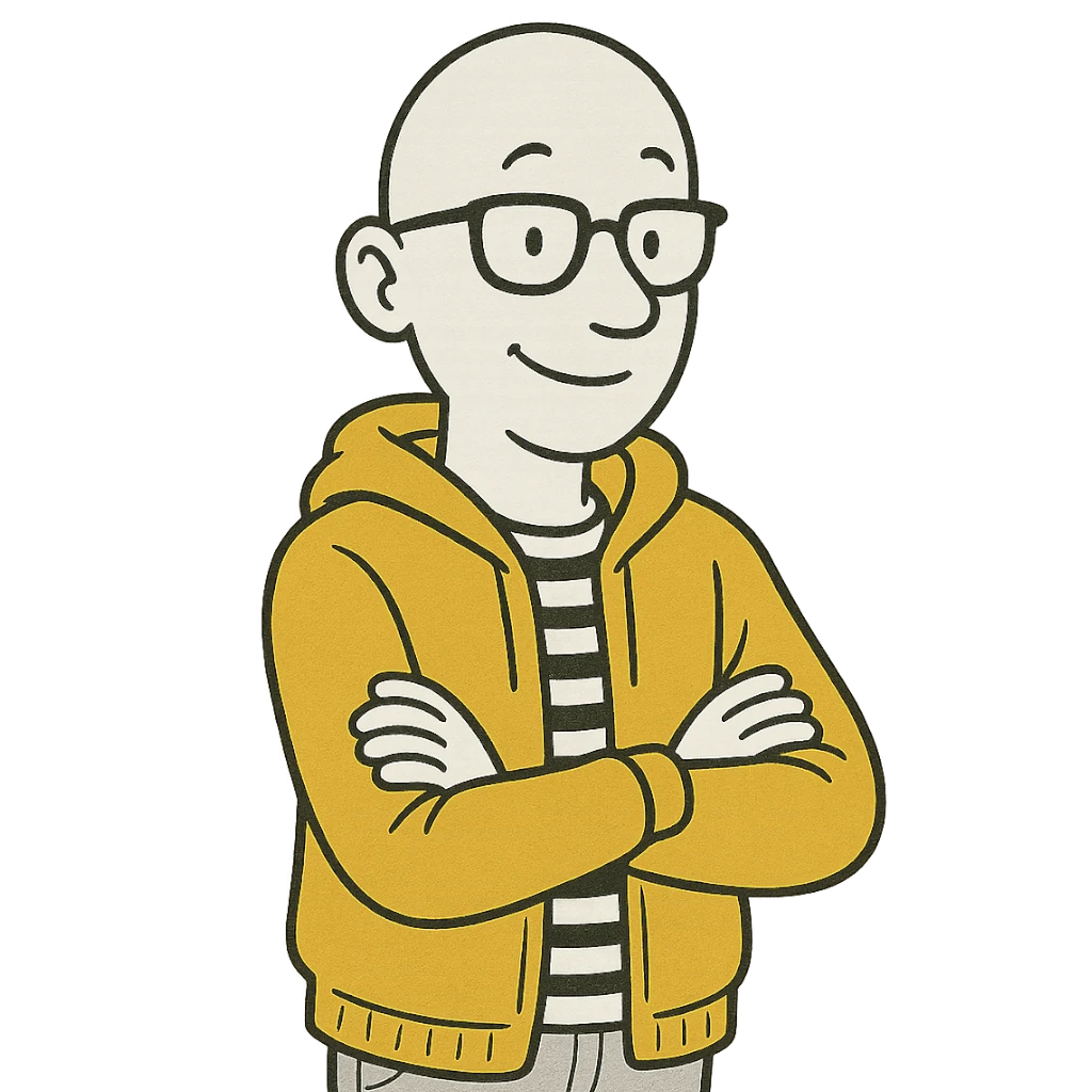A cartoon ilustration of Erich, a white male man around 30's bald he uses glasses and wears a yellow jacket with a stripped t-shirt, smiling, happy to see you here.